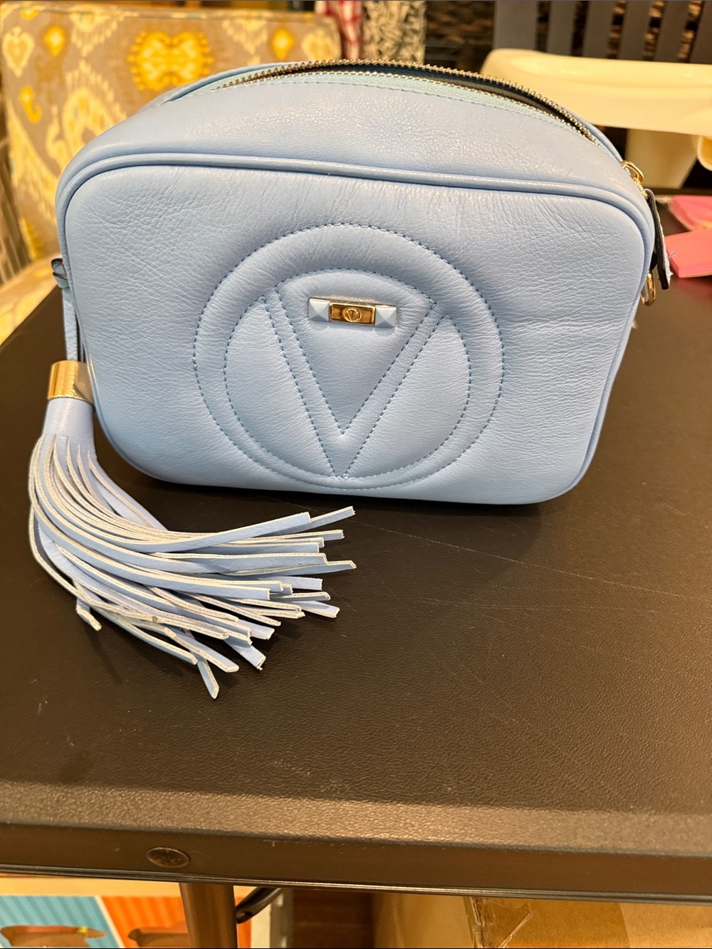 Valentino By Mario Valentino Powder Blue Leather Crossbody with Tassel
